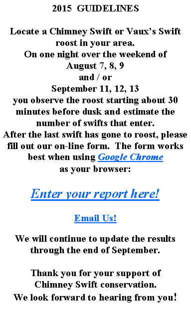 Text Box: 2015  GUIDELINESLocate a Chimney Swift or Vauxs Swift roost in your area.On one night over the weekend of August 7, 8, 9and / orSeptember 11, 12, 13you observe the roost starting about 30 minutes before dusk and estimate the number of swifts that enter.After the last swift has gone to roost, please fill out our on-line form.  The form works best when using Google Chromeas your browser:Enter your report here!Email Us!We will continue to update the results through the end of September.Thank you for your support ofChimney Swift conservation.We look forward to hearing from you!  